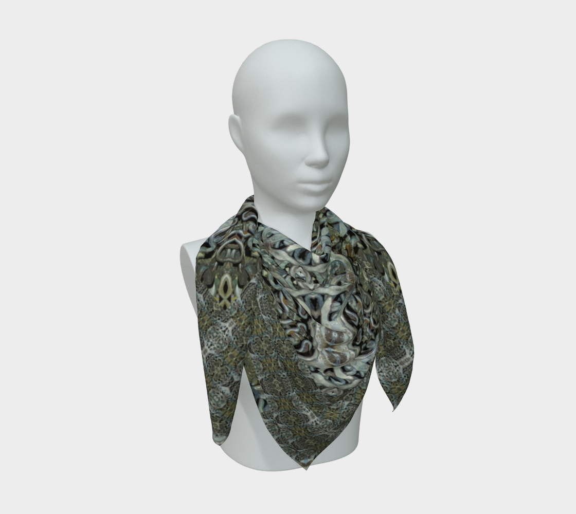 Three-quarter mannequin view of the Grail Night Hoard Virtus 8.6 Silk Art Scarf in gray, silver gray, charcoal gray, deep yellow, arranged in a loose cowl with layered points and angular branching ornaments and compact geometric knots.