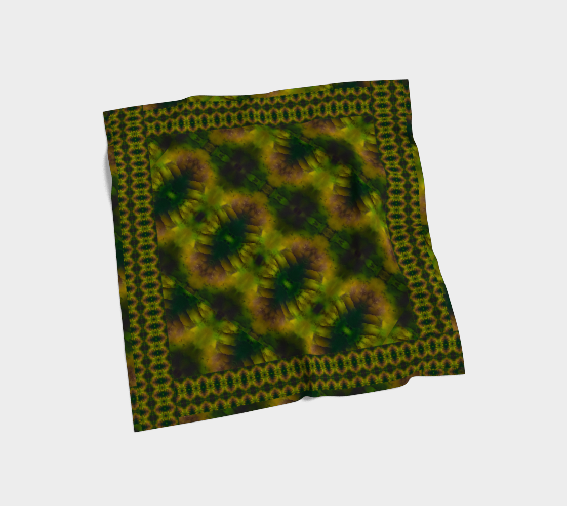 Deep green, yellow-gold, and muted violet Purely Jade Light silk art scarf laid flat, showing a framed floral-medallion lattice field by RJSTH.