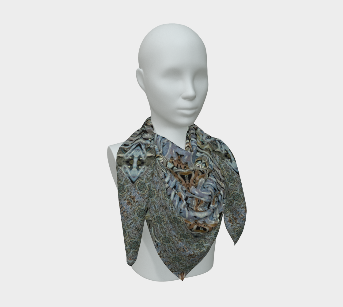 Broader mannequin drape of the Grail Night Hoard Virtus 8.4 Silk Art Scarf in slate blue-gray, olive, charcoal, copper and cream, opening broad curled ribbon forms and pale branch-like strokes interlaced through a dense central rectangle across layered folds and multiple pointed ends.