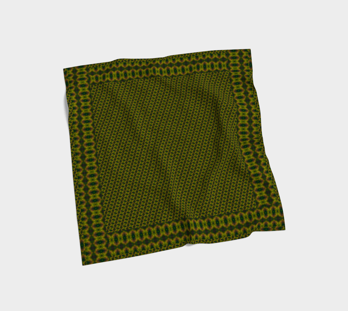 Yellow-gold, green, and muted violet Purely Jade Light silk art scarf laid flat, showing a framed tight oval-grid field by RJSTH.