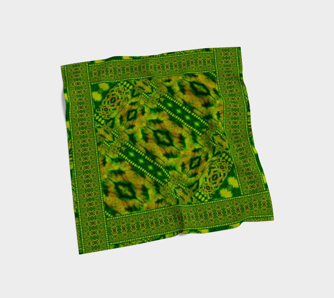 Yellow-green and deep green Purely Jade Light silk art scarf laid flat, showing a framed central panel with patterned border by RJSTH.