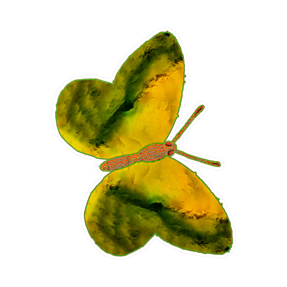 Butterfly decal on white: yellow wings with broad dark olive bands along the edges.