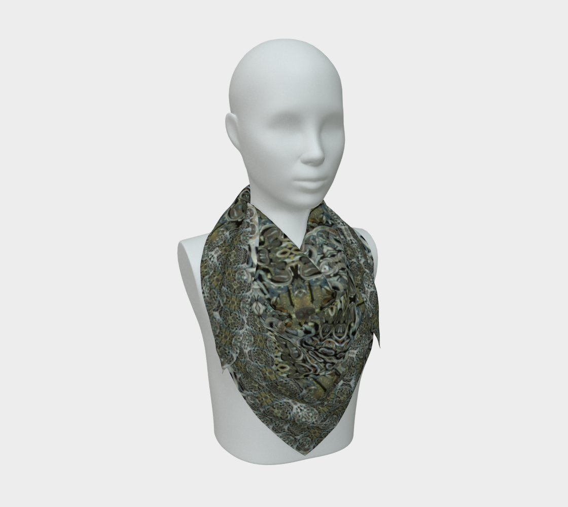 Front mannequin view of the Grail Night Hoard Virtus 8.6 Silk Art Scarf in silver gray, gray, charcoal gray, deep yellow, wrapped close with a centered pointed fall and pale rosettes separated by cross-shaped bars.