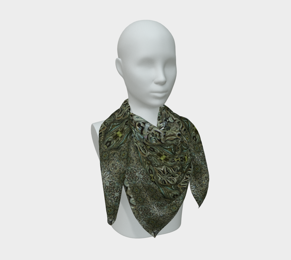 Broader mannequin drape of the Grail Night Hoard Virtus 8.3 Silk Art Scarf in dark olive, charcoal, muted gold, cream and pale teal-blue, opening mirrored leaf and scroll units arranged around a slender vertical center with small bright nodes across layered folds and multiple pointed ends.