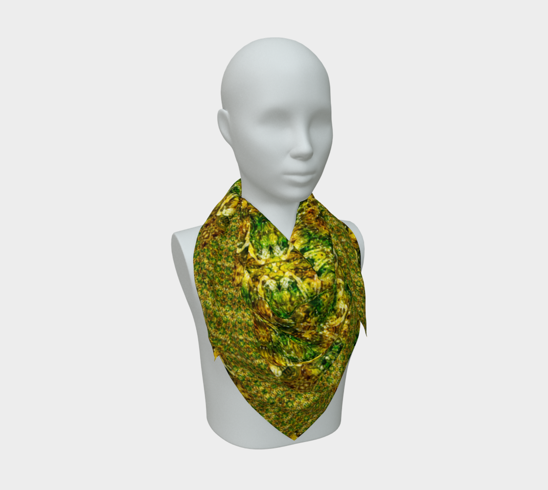Front scarf drape with cream-edged green waves stacked in cowl folds and breaking into crescents down the point.