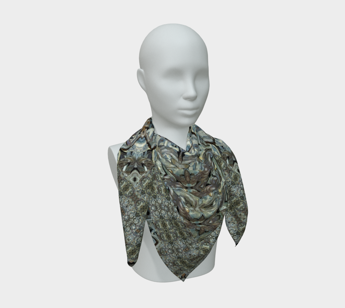 Broader mannequin drape of the Grail Night Hoard Virtus 8.2 Silk Art Scarf in pale blue-gray, cream, olive, charcoal and copper-rust, opening large interlocking scrolls and organic knot forms edged by pale blue-gray arcs across layered folds and multiple pointed ends.