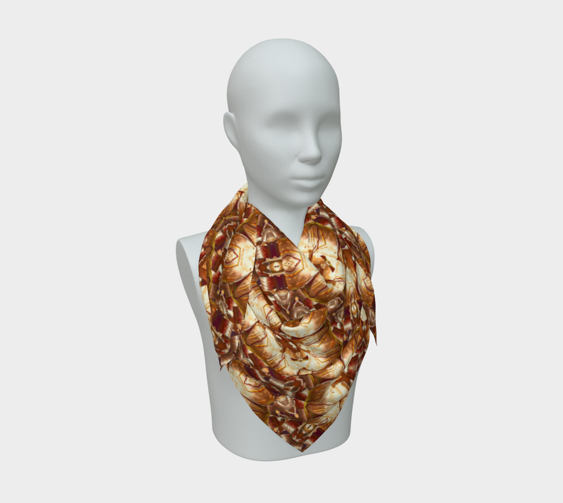 Front mannequin view of Copper Lattice Rosettes Silk Art Scarf, with large cream-lit diamonds and dark rust centers overlapping in a pointed cowl.