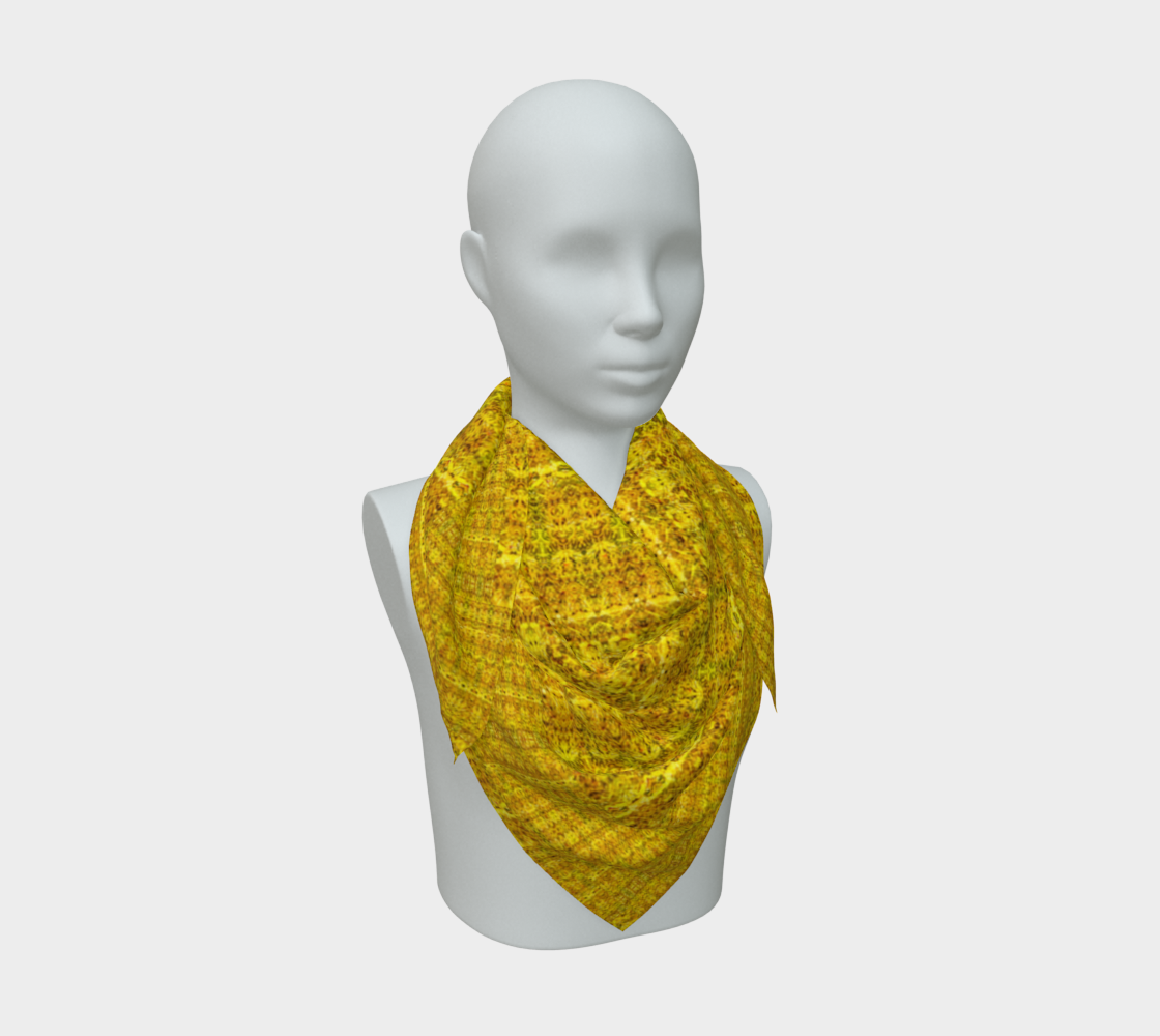 Front-left scarf drape with tiny ochre rosette rows curving around a deep marigold cowl and pointed front.