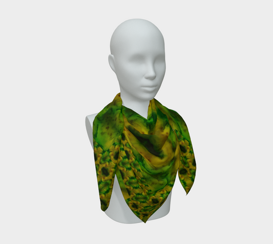 Yellow-gold and green Purely Jade Light silk art scarf draped on a mannequin, showing a denser rounded cellular field by RJSTH.