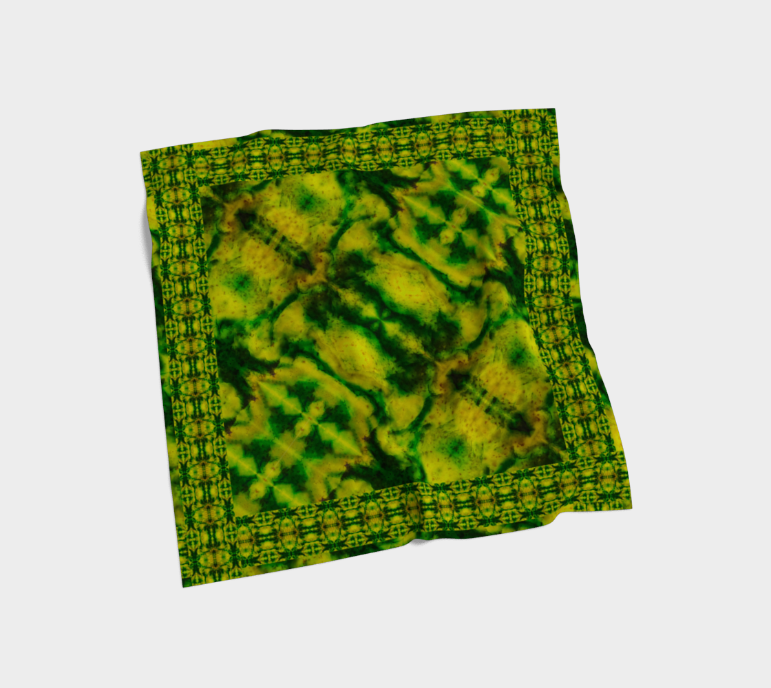 Yellow jade and green Purely Jade Light silk art scarf laid flat, showing a framed fine-grid repeat field by RJSTH.