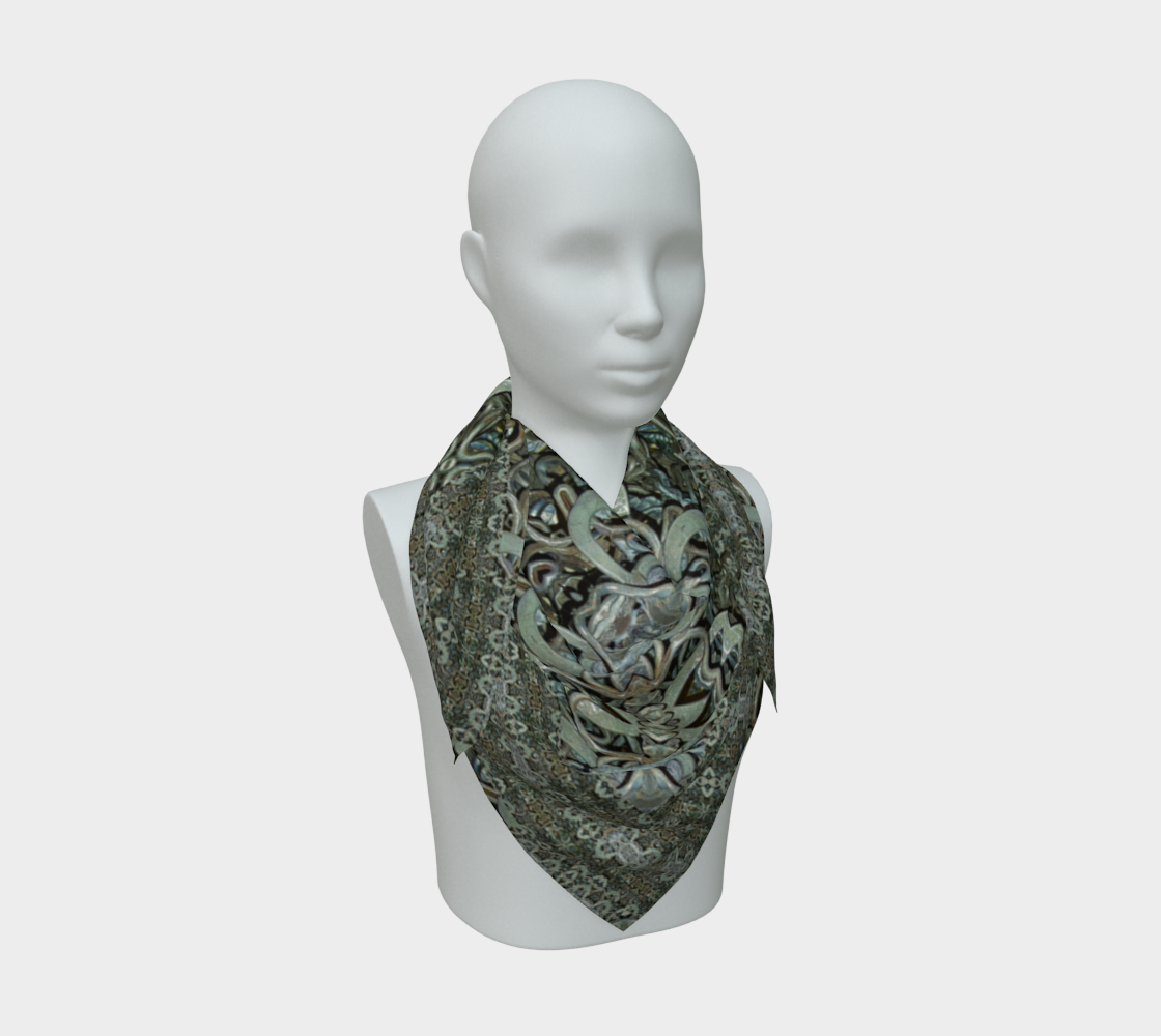 Front mannequin view of the Grail Night Hoard Virtus 8.7 Silk Art Scarf in gray, silver gray, charcoal gray, pale cyan, wrapped close with a centered pointed fall and large pale knot, leaf and glyph-like forms.