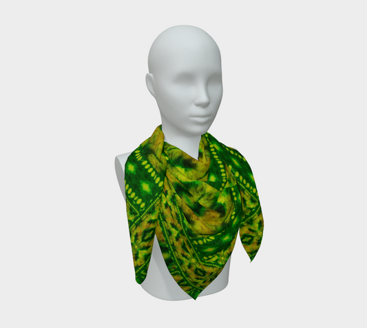 Yellow-gold and vivid green Purely Jade Light silk art scarf draped on a mannequin, showing a layered central mineral field by RJSTH.