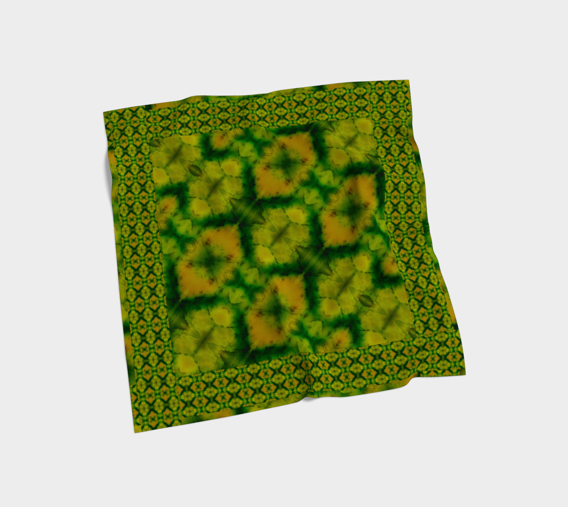 Yellow-green and deep green Purely Jade Light silk art scarf laid flat, showing a framed panel field with honeycomb-like border by RJSTH.