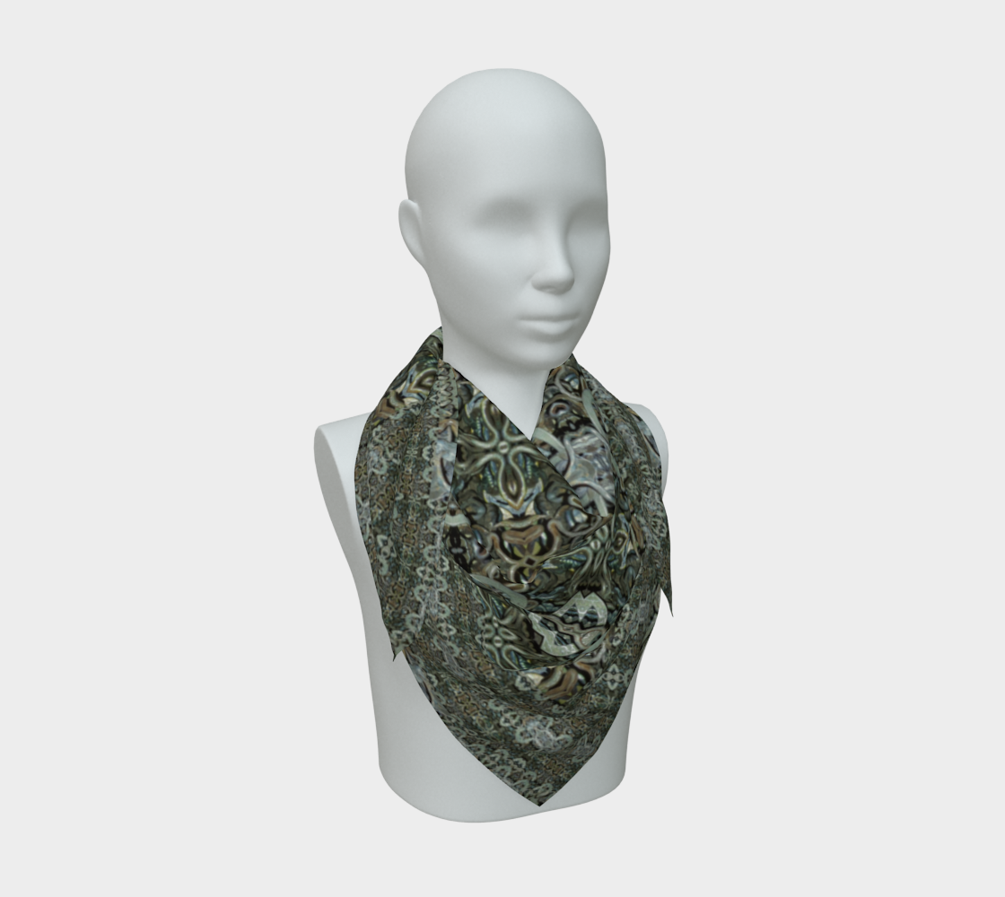 Front mannequin view of the Grail Night Hoard Virtus 8.7 Silk Art Scarf in silver gray, gray, charcoal gray, deep yellow, wrapped close with a centered pointed fall and pale linked rings and clustered floral-chain forms.