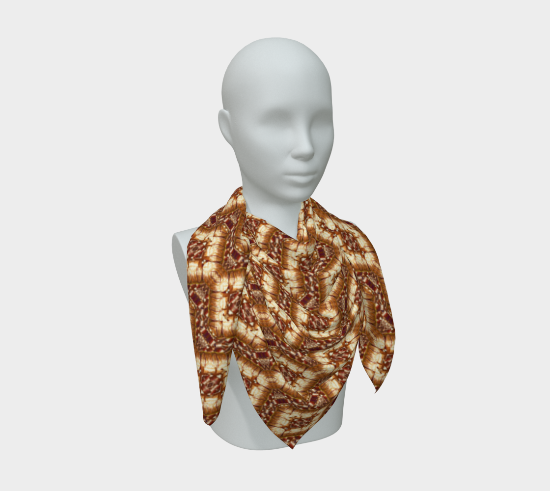 Three-quarter mannequin view showing open tails crossed by interlocking diamonds and alternating light-dark zigzag bands.