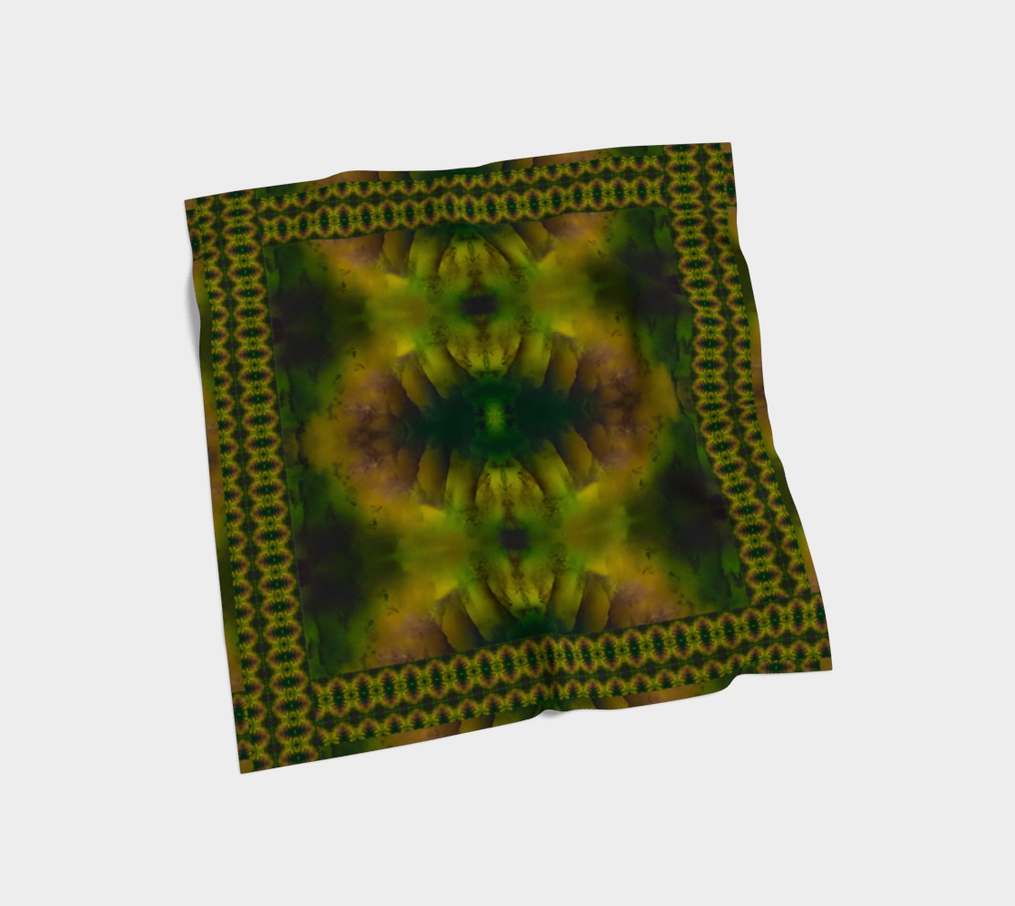 Bright yellow-green and dark green Purely Jade Light silk art scarf laid flat, showing a framed vertical stripe-panel field by RJSTH.