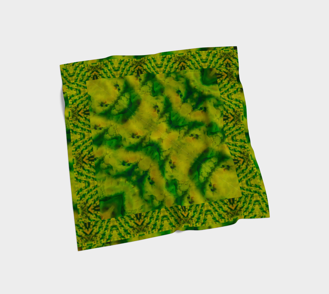 Yellow jade and green Purely Jade Light silk art scarf laid flat, showing a soft central panel with patterned border by RJSTH.