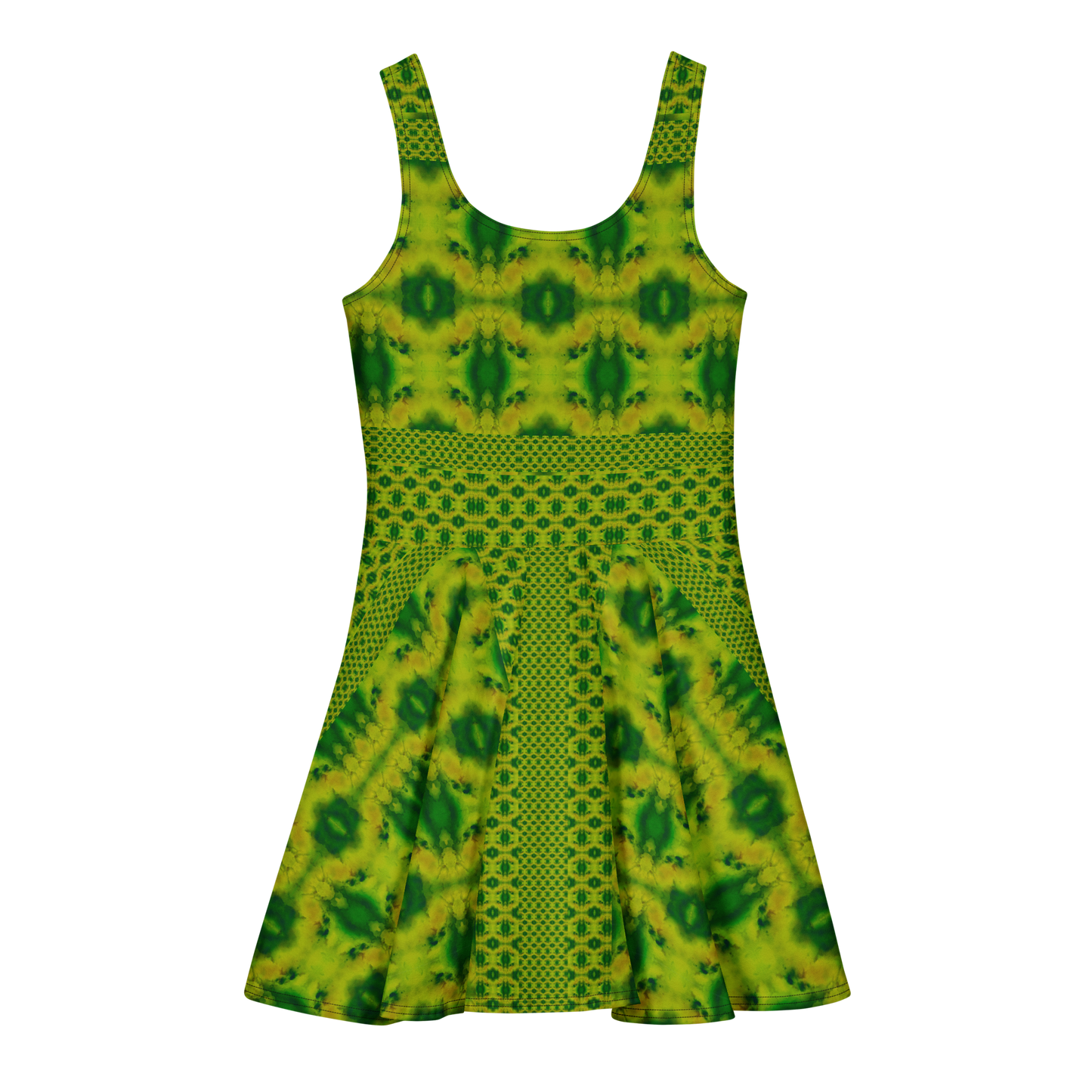 Purely Jade Light sleeveless Cotton Skater Dress with yellow-green jade-light print with deep green accents, back view with fitted bodice and flared skirt