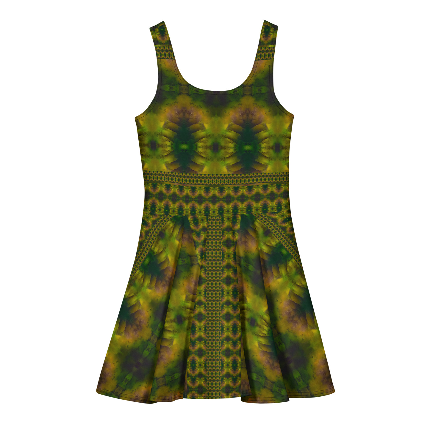 Purely Jade Light sleeveless Cotton Skater Dress with moss-green jade-light print with yellow-gold and muted plum shadow, back view with fitted bodice and flared skirt