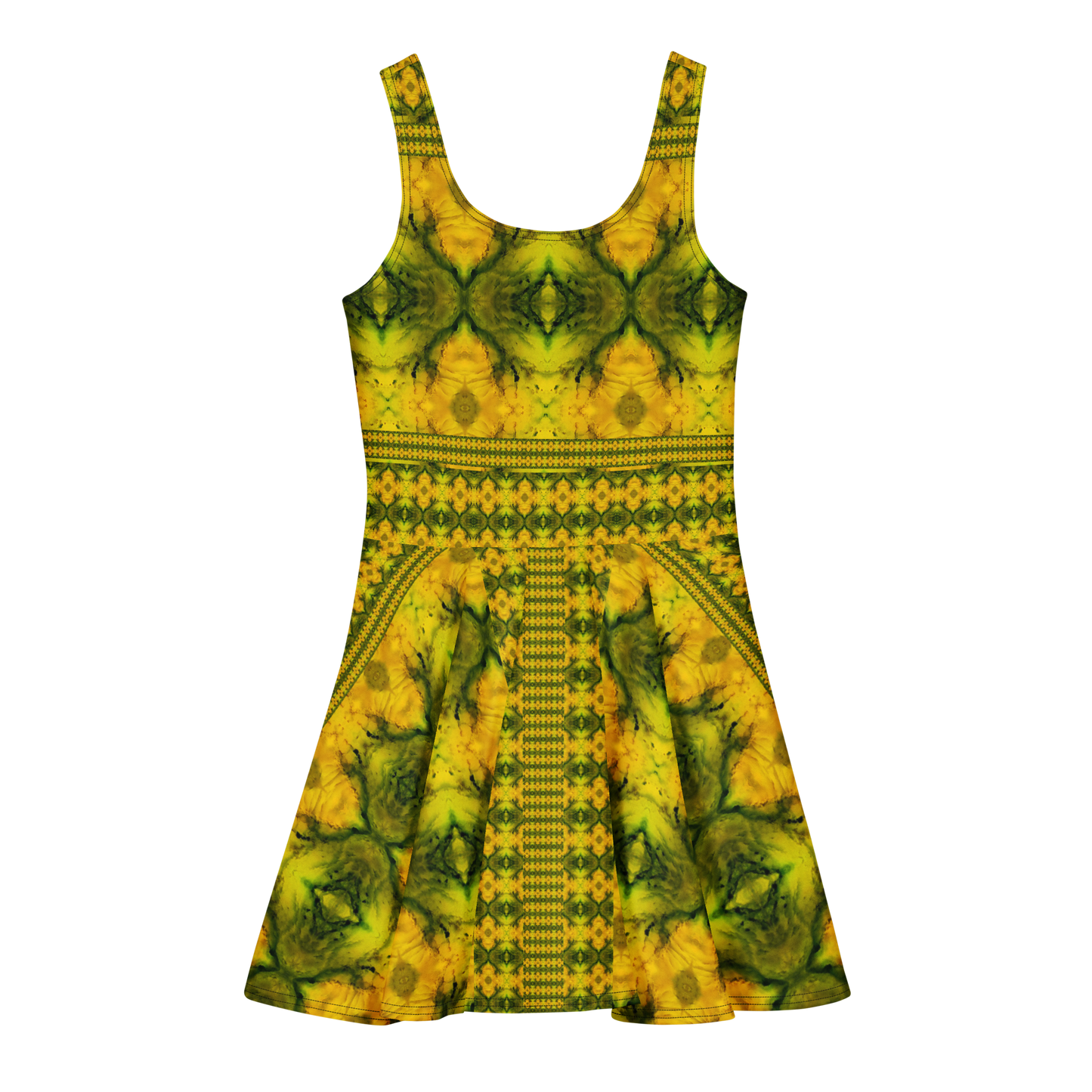 Purely Jade Light sleeveless Cotton Skater Dress with gold jade-light print with green accents, back view with fitted bodice and flared skirt