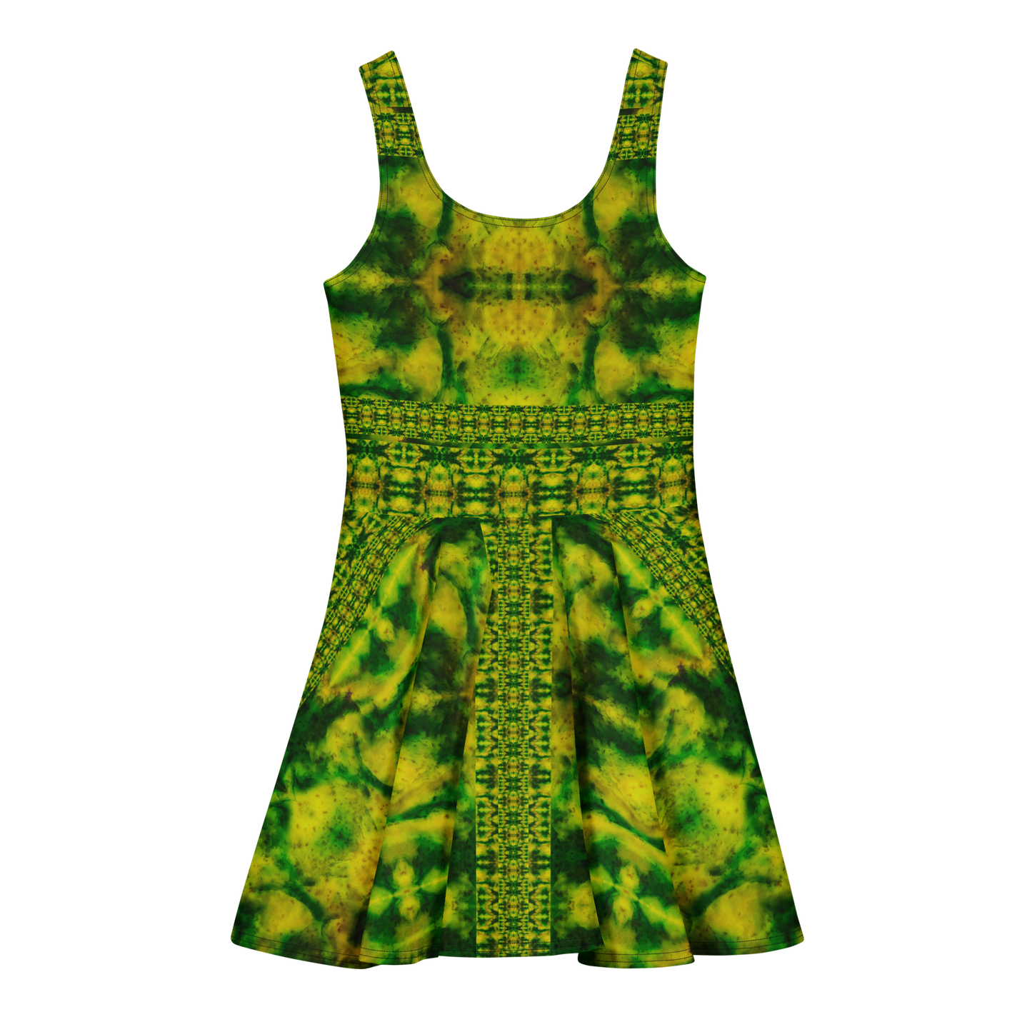 Purely Jade Light sleeveless Cotton Skater Dress with green-and-gold jade-light print, back view with fitted bodice and flared skirt