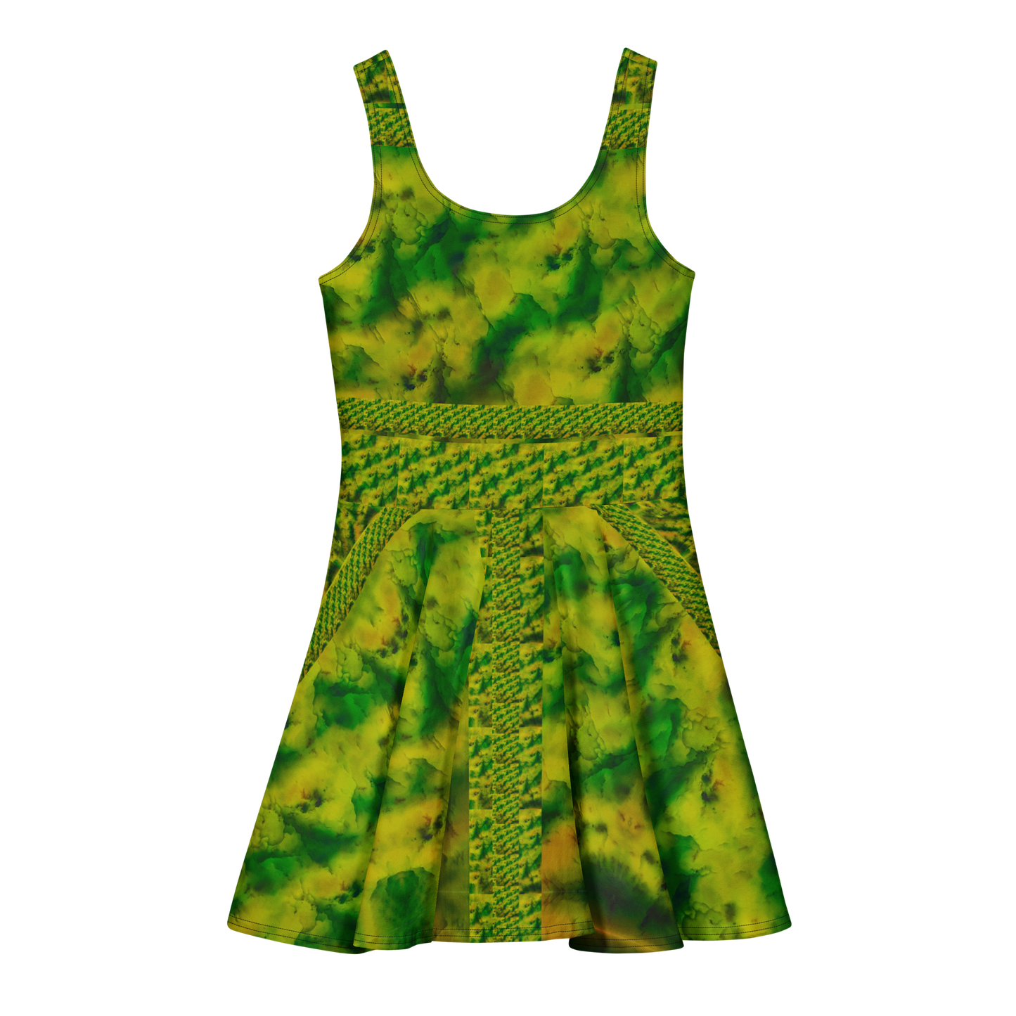 Purely Jade Light sleeveless Cotton Skater Dress with yellow-green and green jade-light print, back view with fitted bodice and flared skirt
