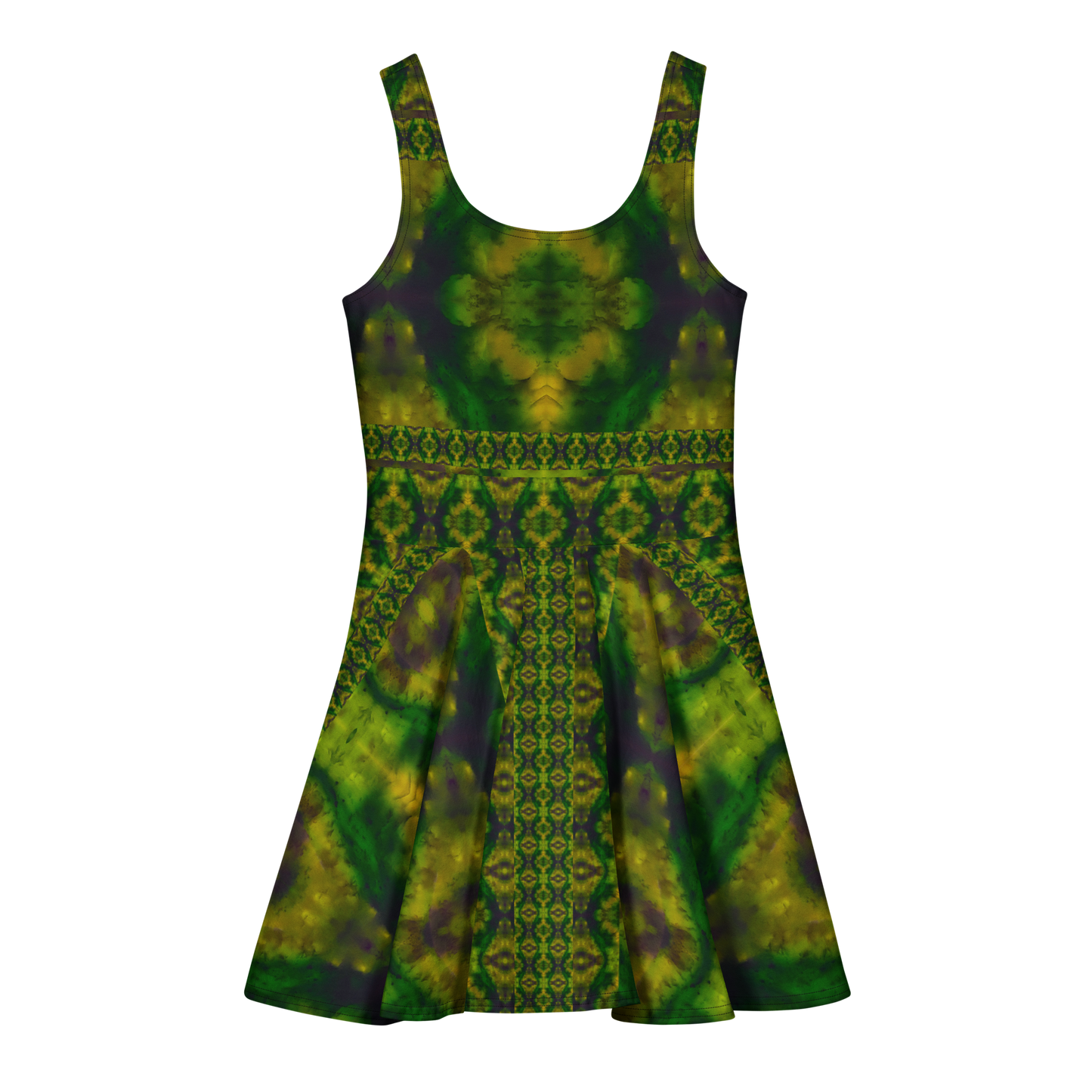 Purely Jade Light sleeveless Cotton Skater Dress with deep green jade-light print with yellow-green and muted plum shadow, back view with fitted bodice and flared skirt