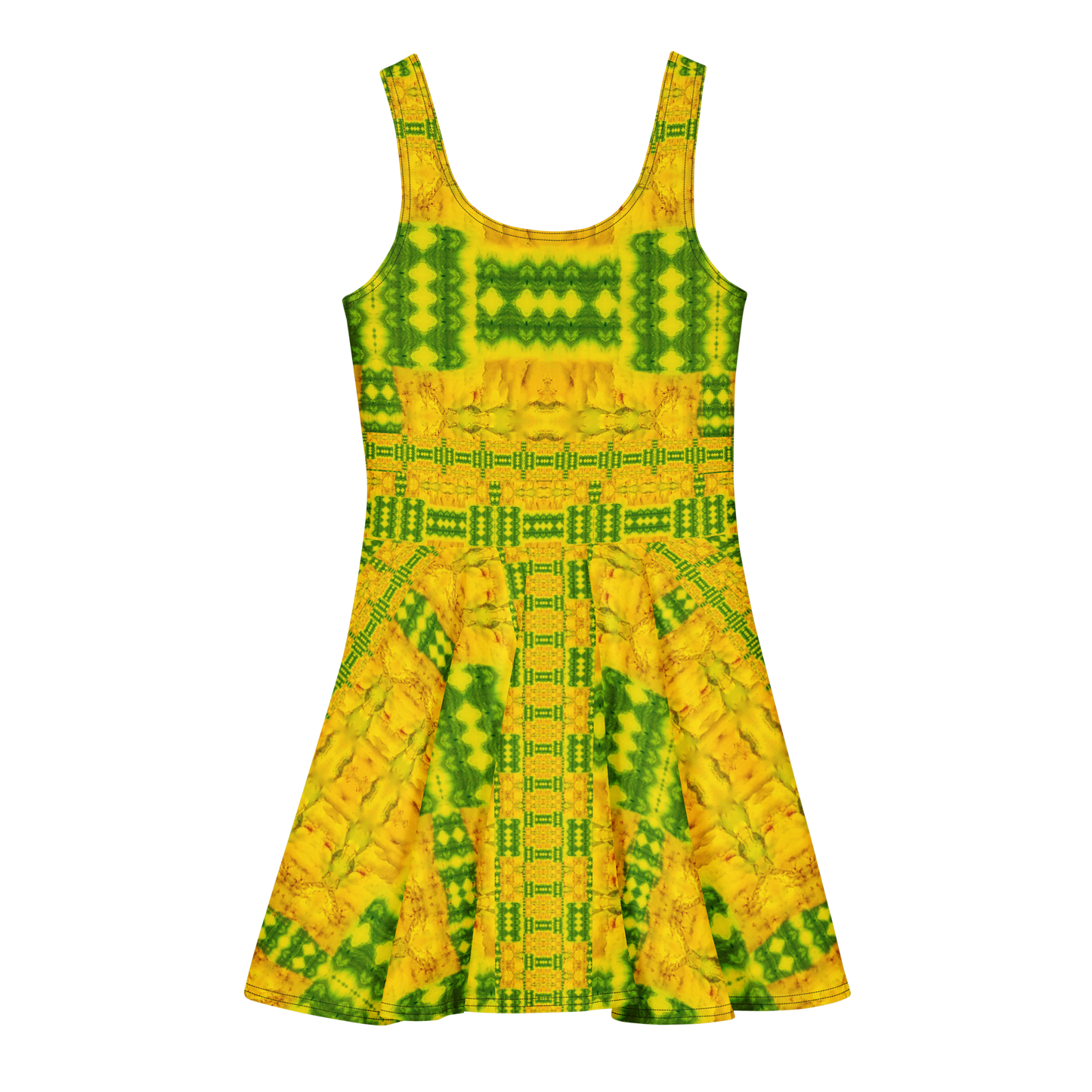 Purely Jade Light sleeveless Cotton Skater Dress with gold jade-light print with bright green accents, back view with fitted bodice and flared skirt