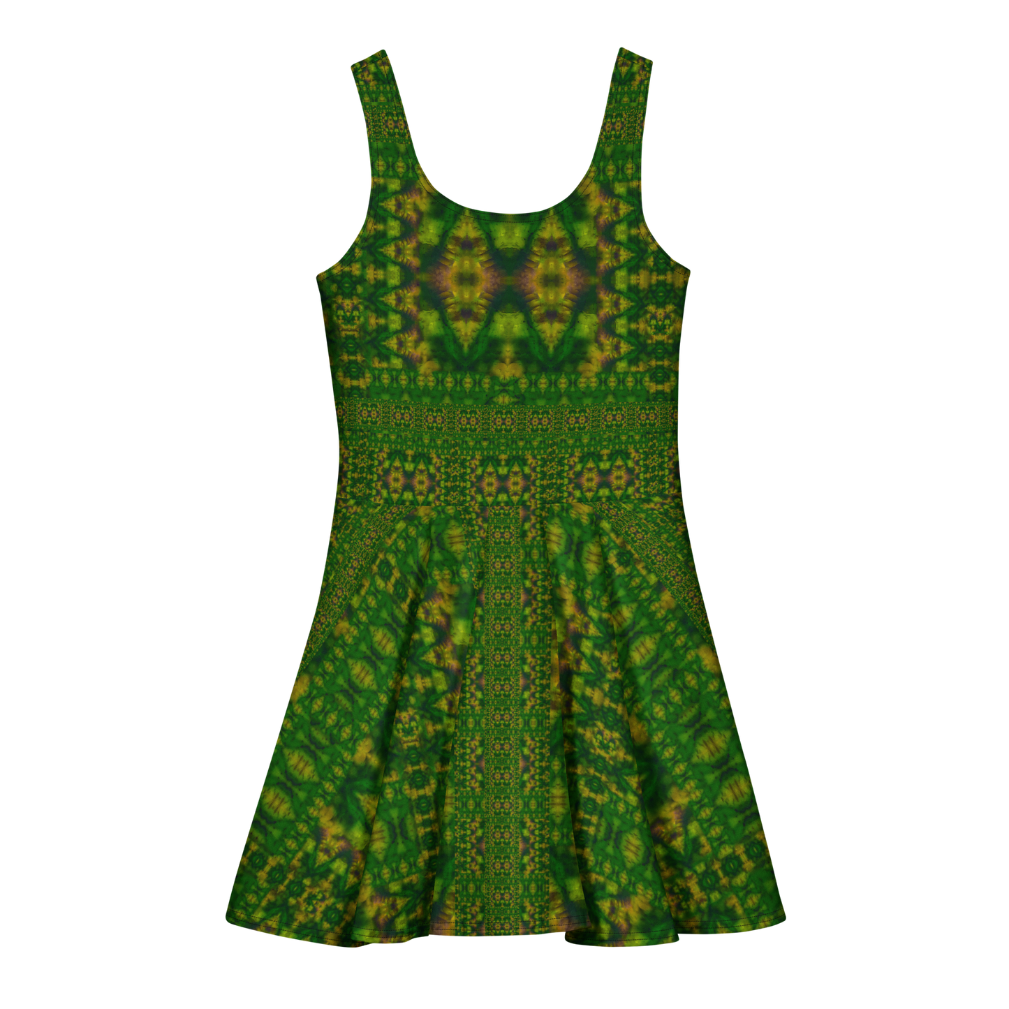 Purely Jade Light sleeveless Cotton Skater Dress with deep green jade-light print with gold and muted plum accents, back view with fitted bodice and flared skirt