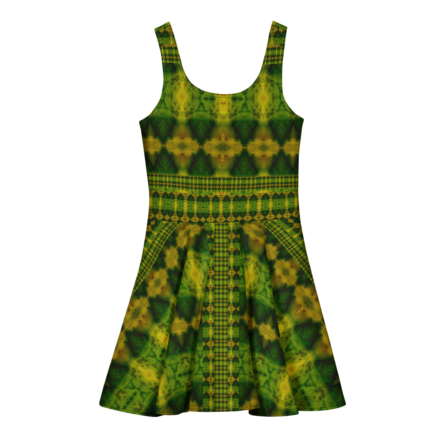 Purely Jade Light sleeveless Cotton Skater Dress with green-and-gold jade-light print, back view with fitted bodice and flared skirt