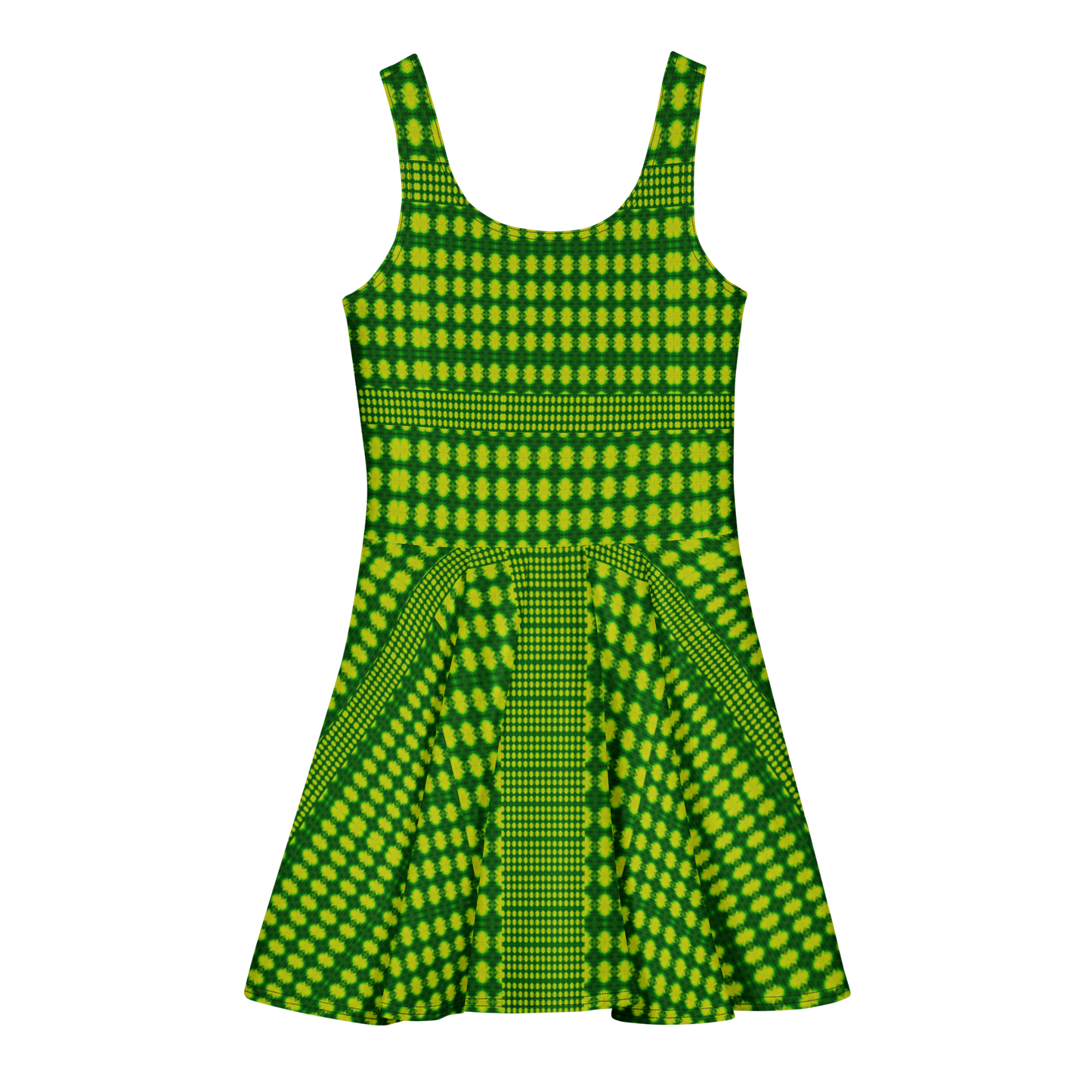 Purely Jade Light sleeveless Cotton Skater Dress with bright green-and-yellow jade-light print, back view with fitted bodice and flared skirt