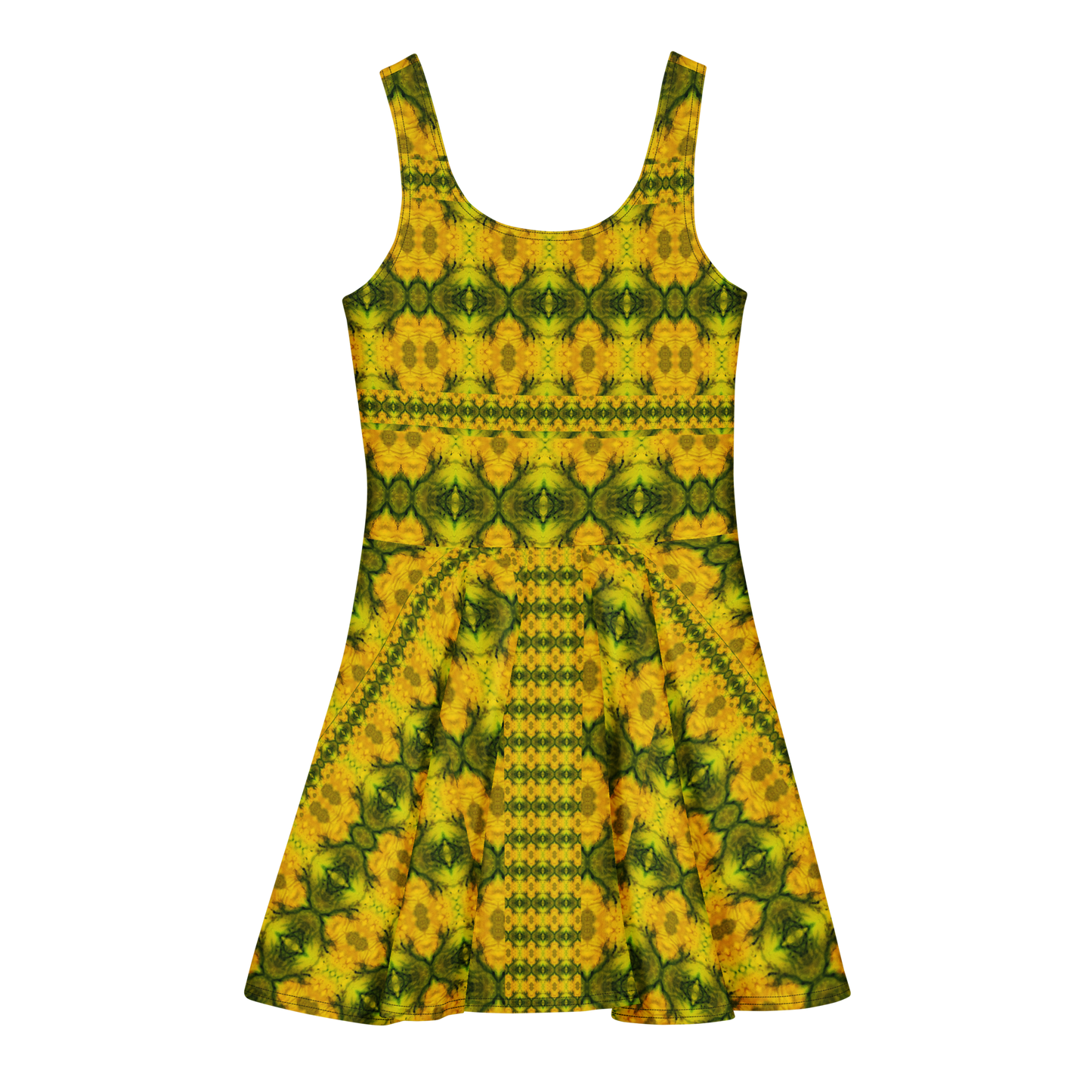 Purely Jade Light sleeveless Cotton Skater Dress with gold jade-light print with green mineral veining, back view with fitted bodice and flared skirt