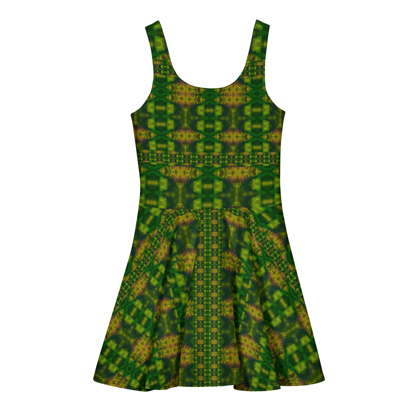 Purely Jade Light sleeveless Cotton Skater Dress with deep green jade-light print with gold and warm shadow accents, back view with fitted bodice and flared skirt