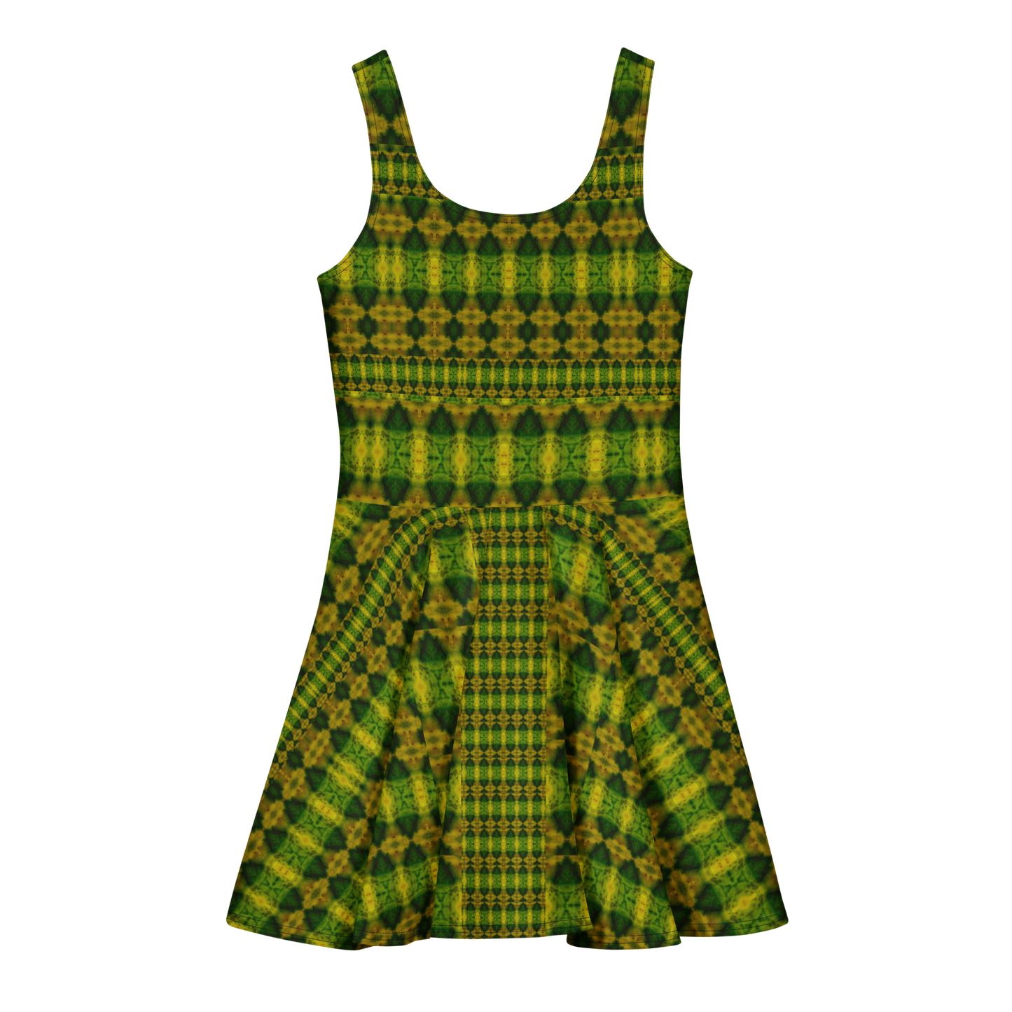 Purely Jade Light sleeveless Cotton Skater Dress with green-and-gold jade-light print, back view with fitted bodice and flared skirt