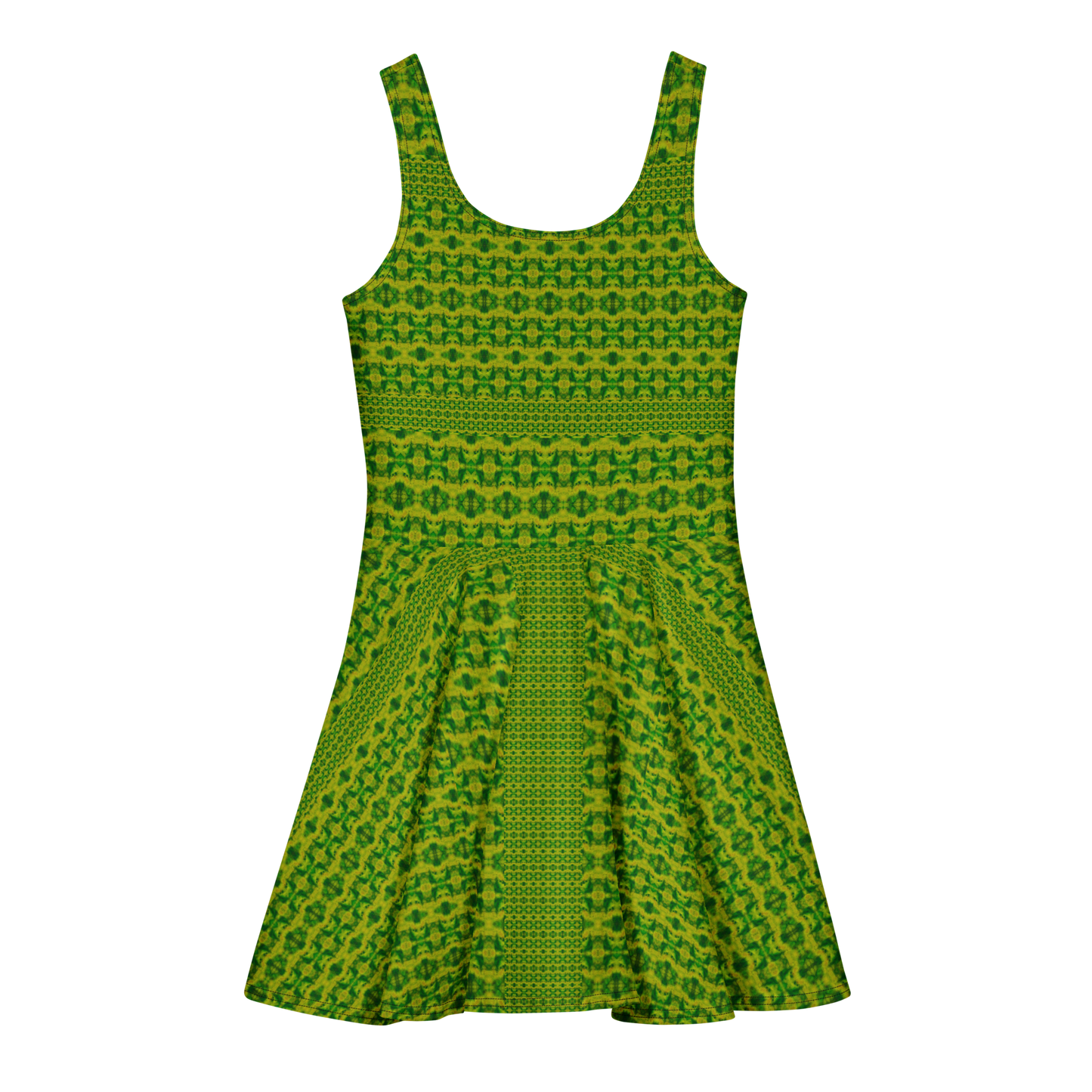 Purely Jade Light sleeveless Cotton Skater Dress with green-and-gold jade-light print, back view with fitted bodice and flared skirt