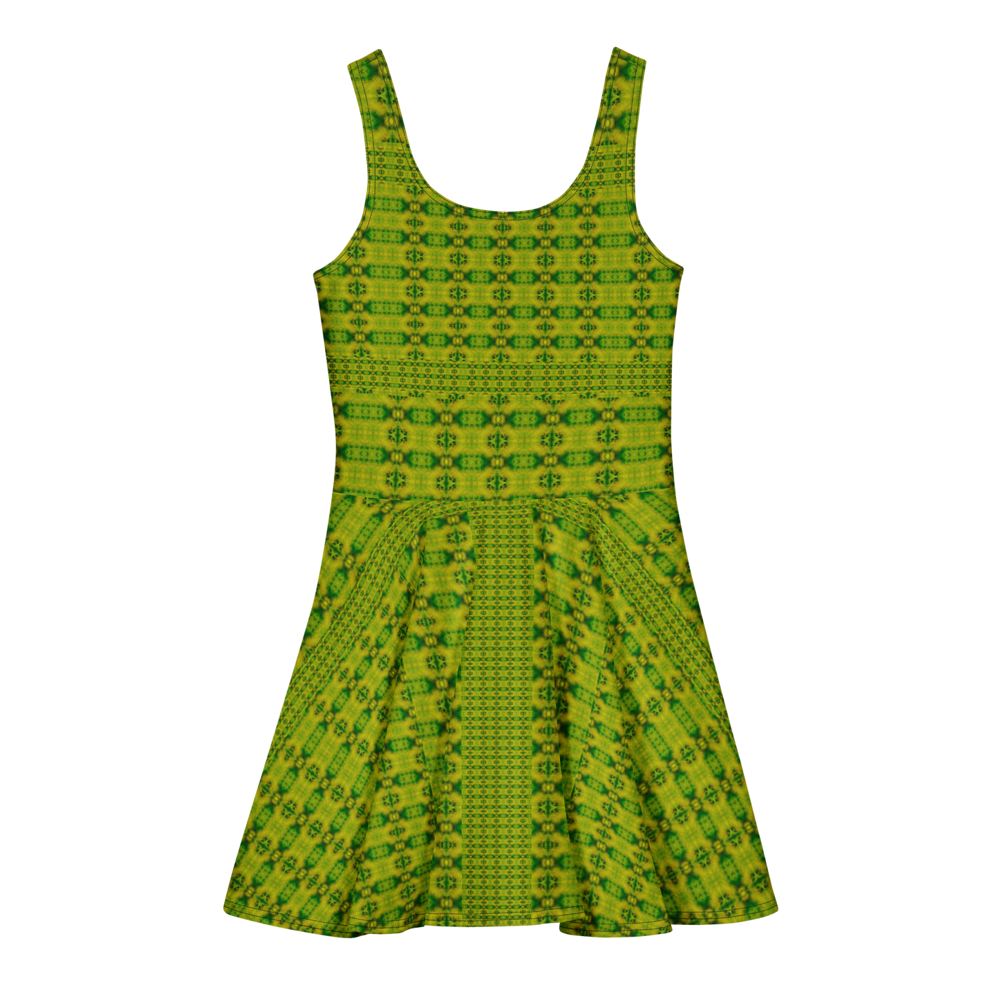 Purely Jade Light sleeveless Cotton Skater Dress with yellow-green jade-light print, back view with fitted bodice and flared skirt