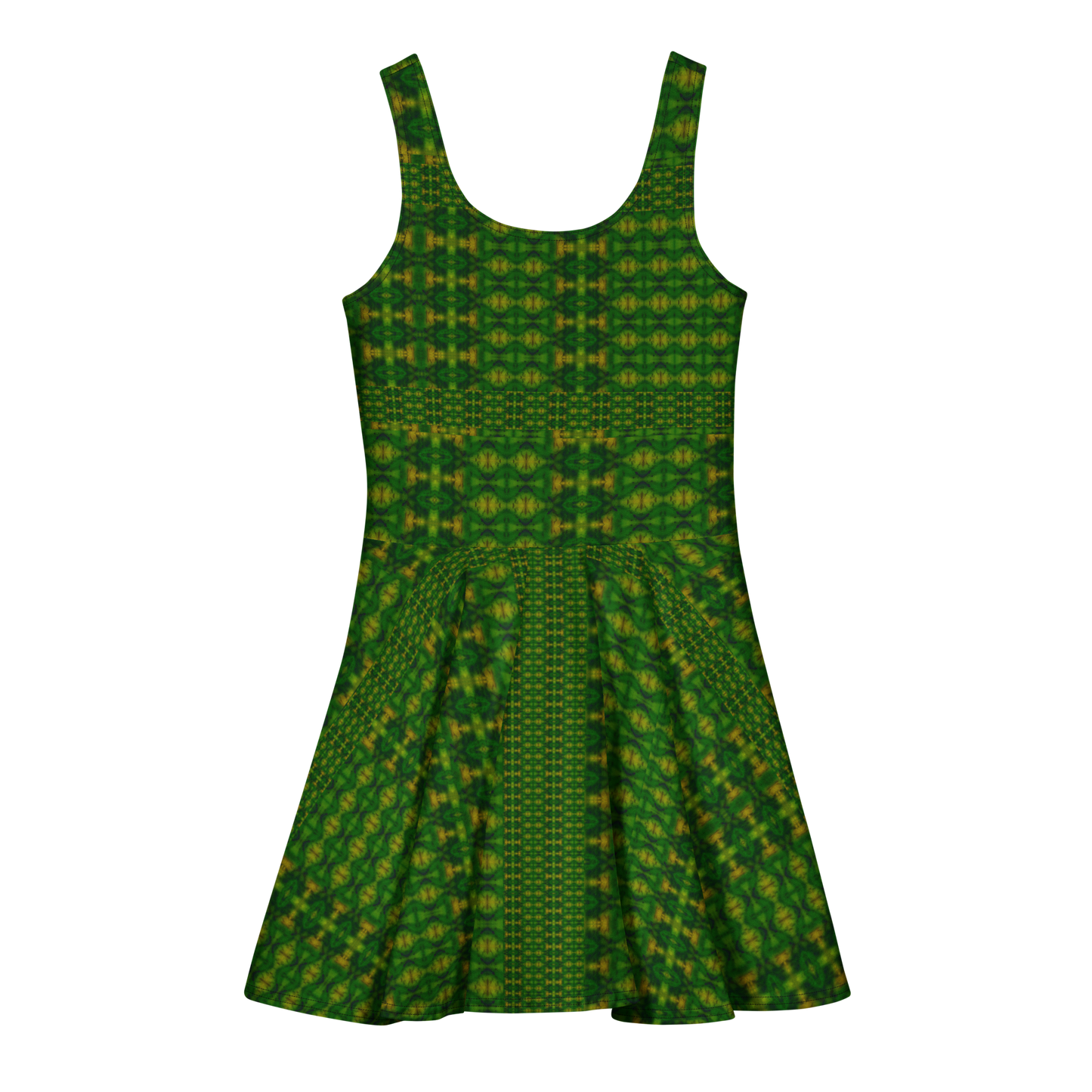 Purely Jade Light sleeveless Cotton Skater Dress with green-and-gold jade-light print, back view with fitted bodice and flared skirt