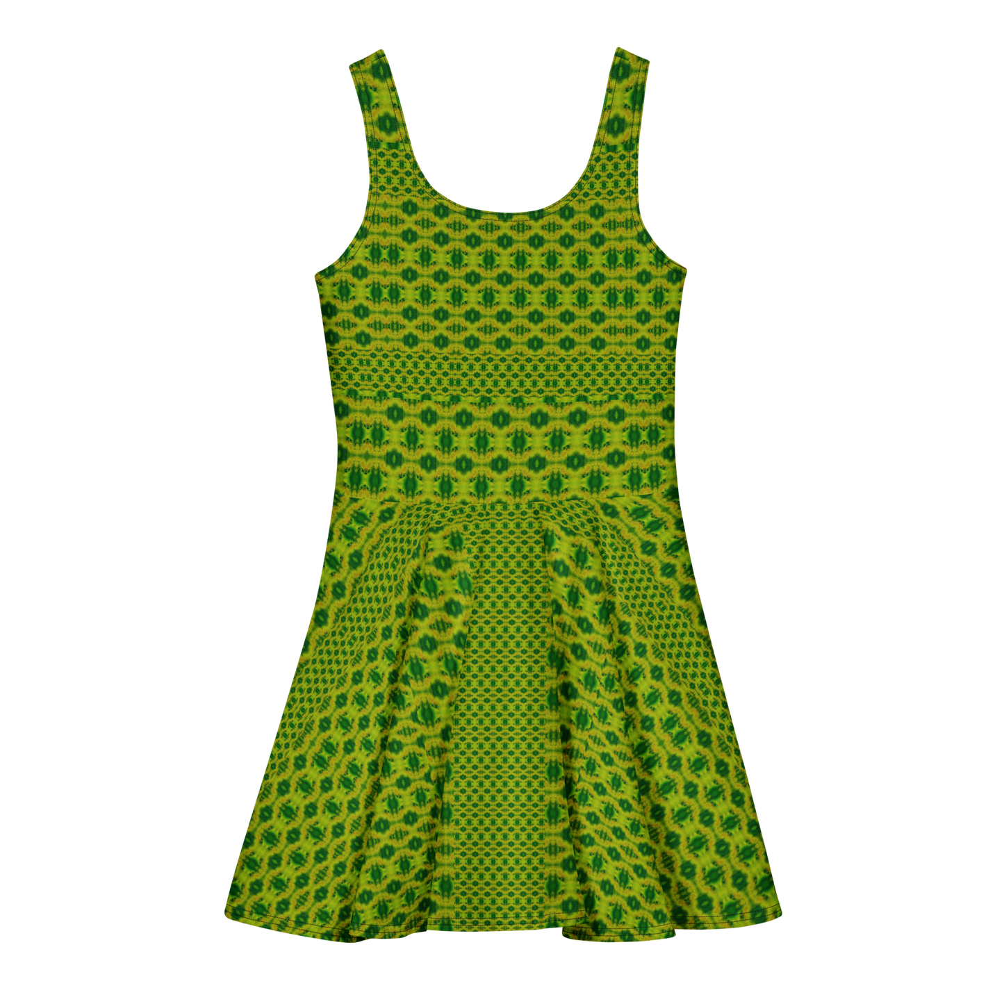 Purely Jade Light sleeveless Cotton Skater Dress with yellow-green jade-light print, back view with fitted bodice and flared skirt