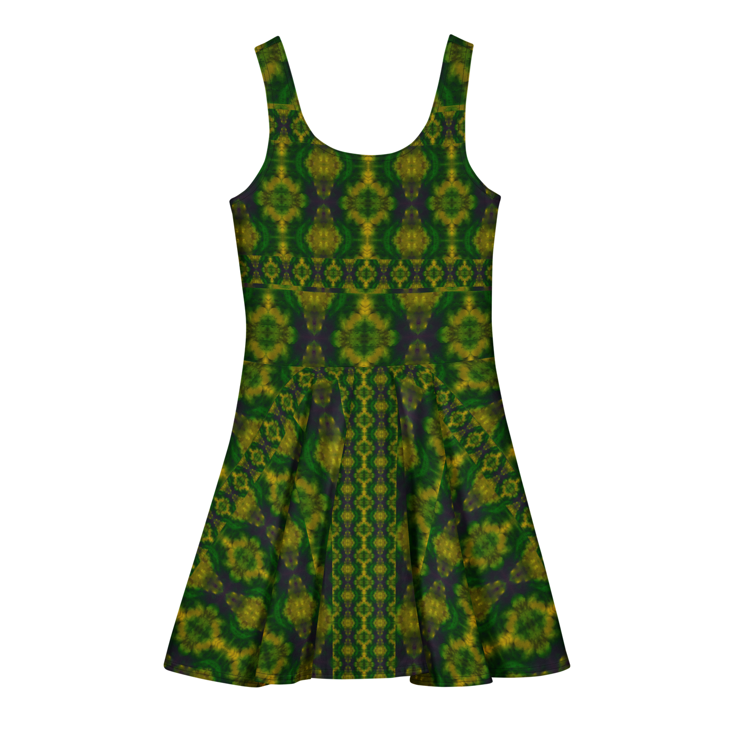 Purely Jade Light sleeveless Cotton Skater Dress with deep green jade-light print with gold and muted plum shadow, back view with fitted bodice and flared skirt