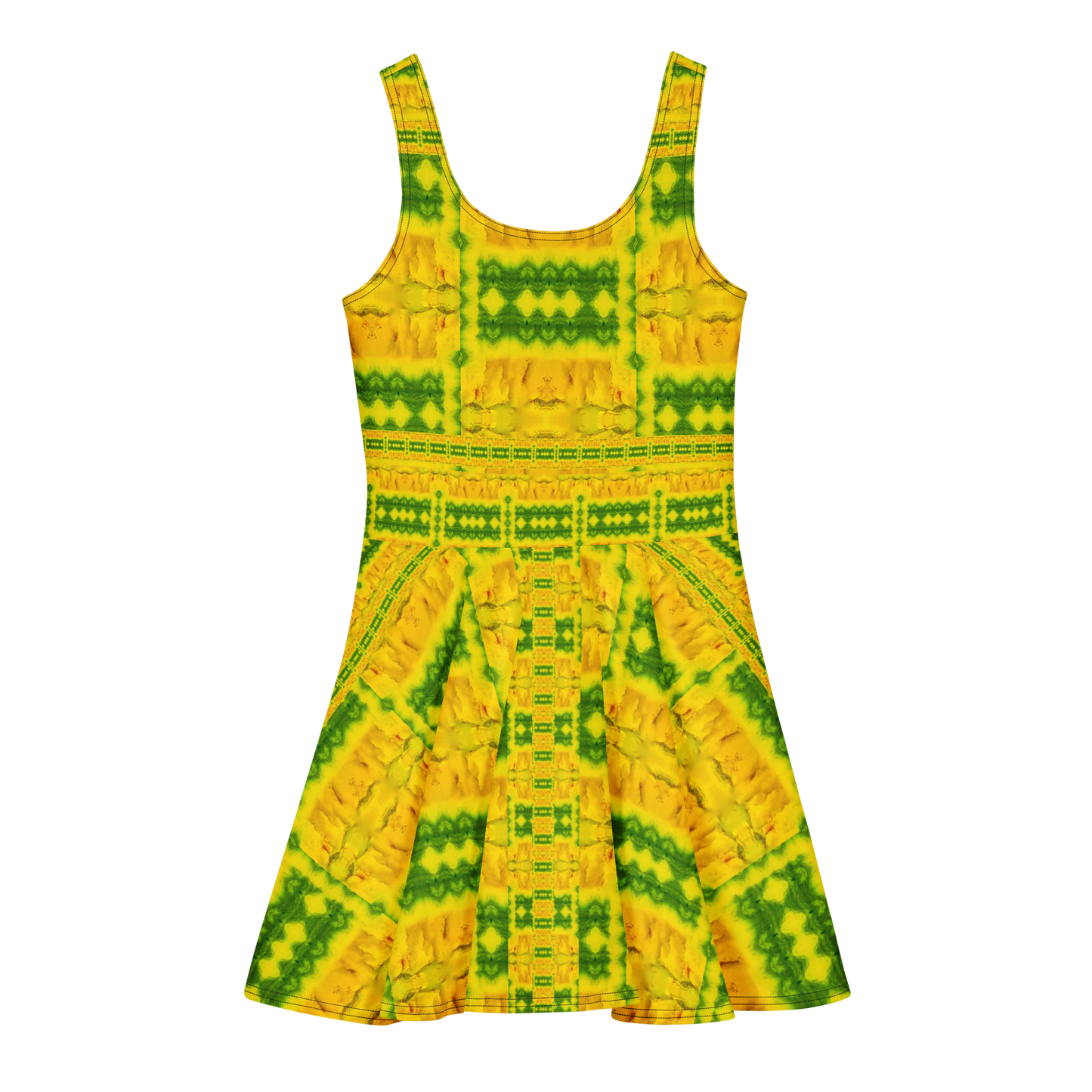 Purely Jade Light sleeveless Cotton Skater Dress with gold jade-light print with green accents, back view with fitted bodice and flared skirt