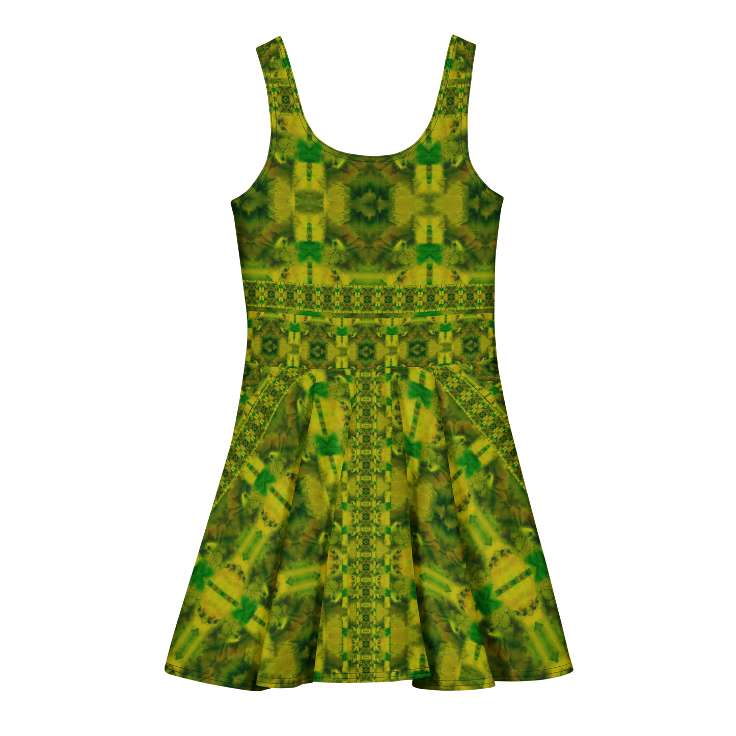 Purely Jade Light sleeveless Cotton Skater Dress with yellow-green jade-light print with green accents, back view with fitted bodice and flared skirt