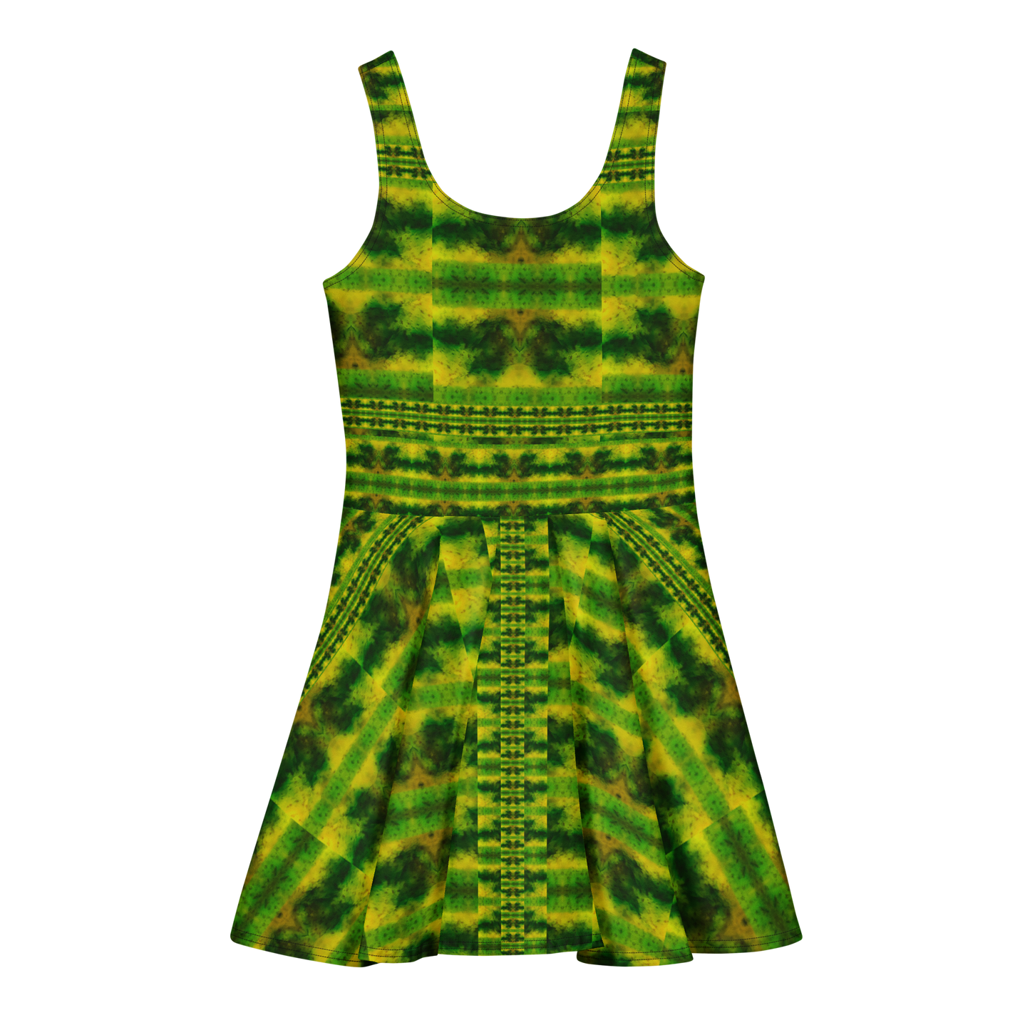 Purely Jade Light sleeveless Cotton Skater Dress with yellow-green and deep green jade-light print, back view with fitted bodice and flared skirt