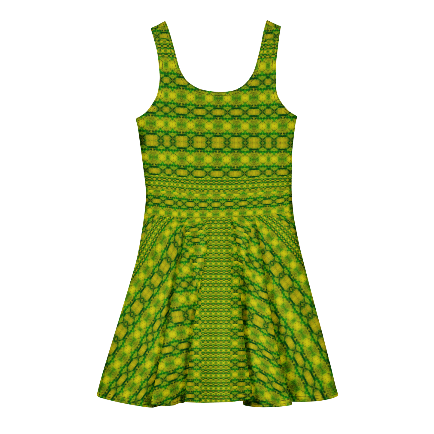 Purely Jade Light sleeveless Cotton Skater Dress with yellow-green and green jade-light print, back view with fitted bodice and flared skirt