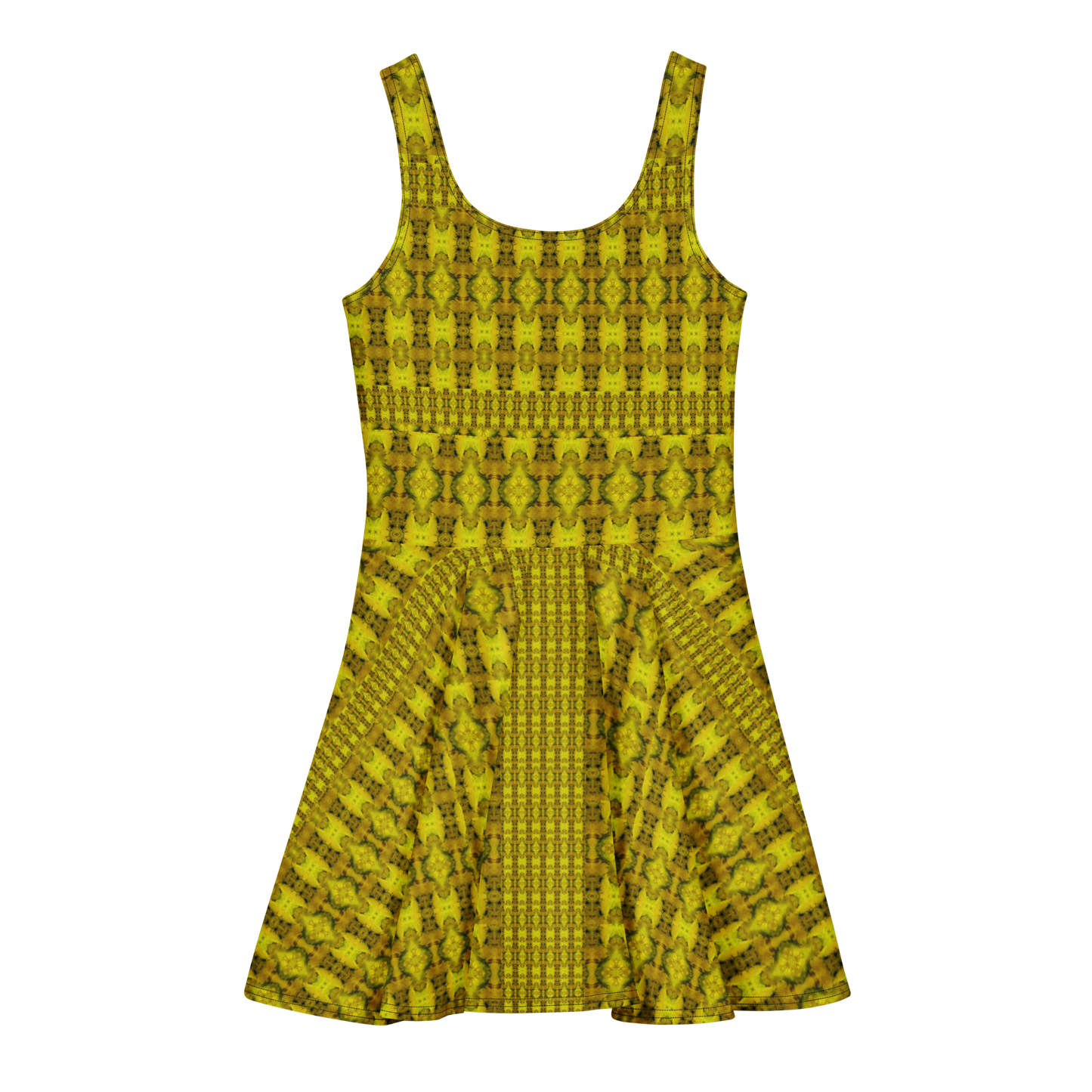 Purely Jade Light sleeveless Cotton Skater Dress with gold jade-light print with green accents, back view with fitted bodice and flared skirt