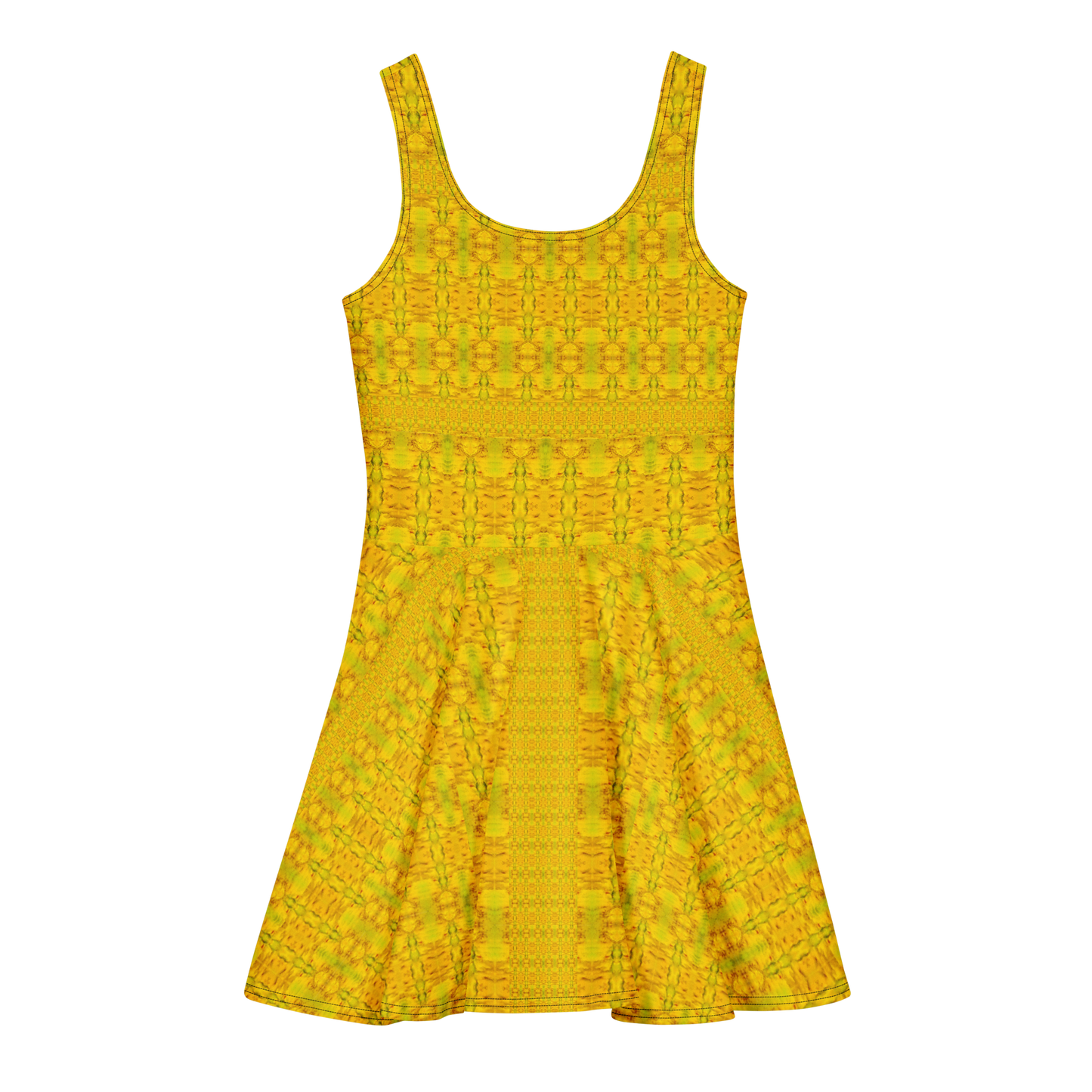 Purely Jade Light sleeveless Cotton Skater Dress with gold jade-light print, back view with fitted bodice and flared skirt