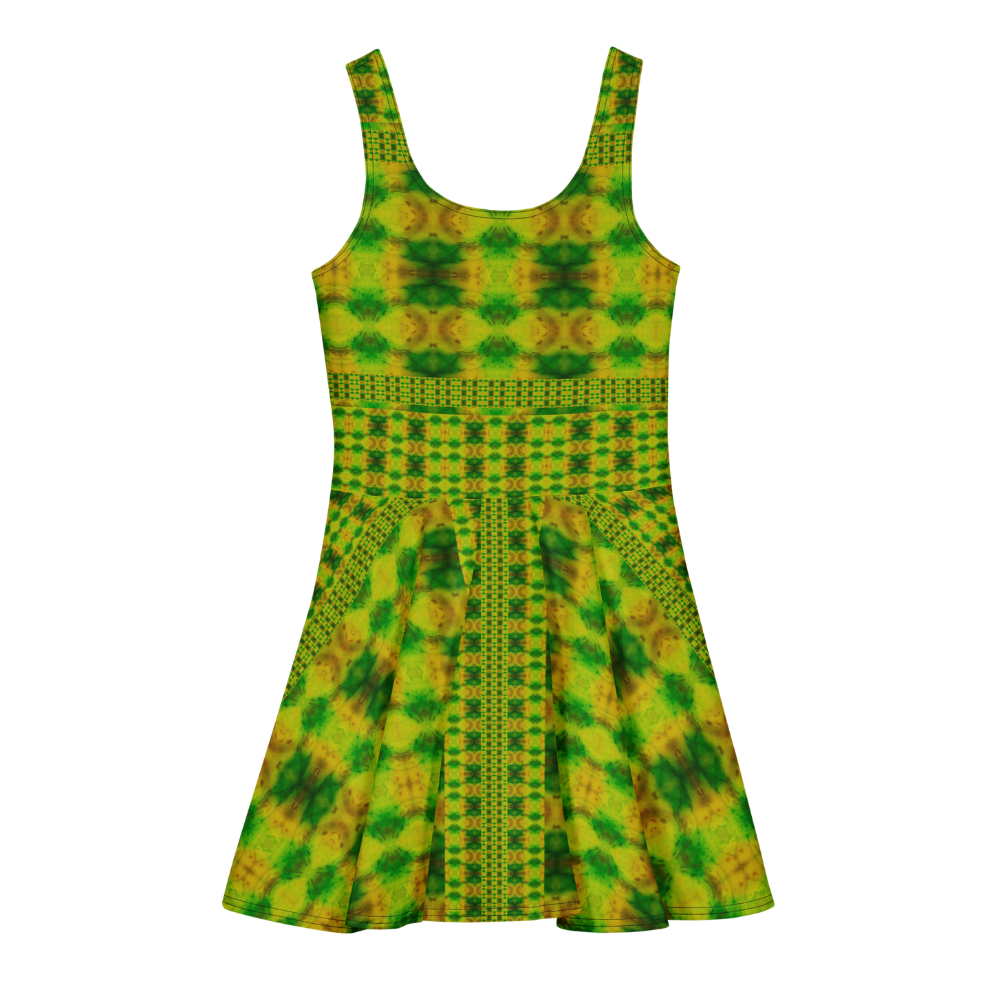 Purely Jade Light sleeveless Cotton Skater Dress with yellow-green and green jade-light print, back view with fitted bodice and flared skirt
