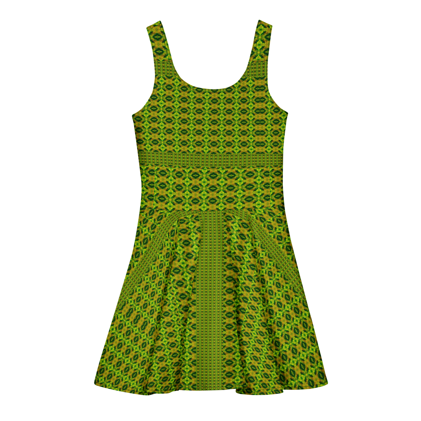 Purely Jade Light sleeveless Cotton Skater Dress with green-and-gold geometric jade-light print, back view with fitted bodice and flared skirt