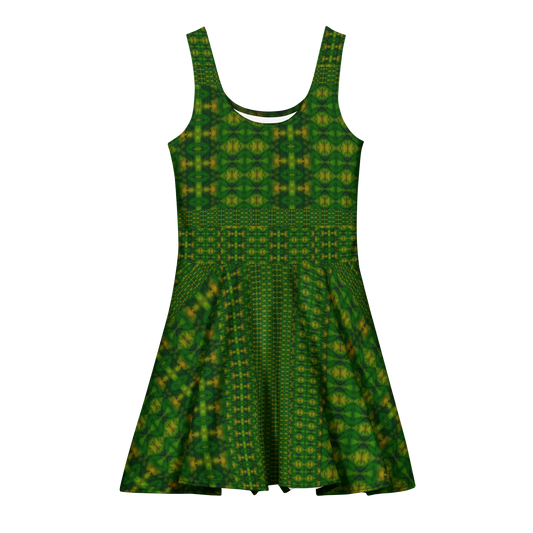 Purely Jade Light sleeveless Cotton Skater Dress with deep green jade-light print, front view with scoop neckline and flared skirt