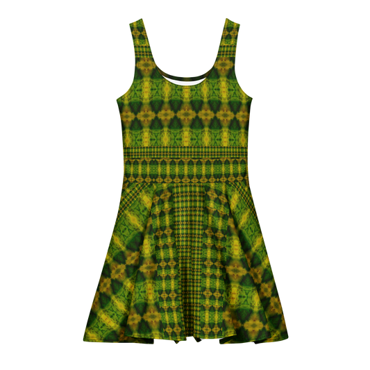 Purely Jade Light sleeveless Cotton Skater Dress with green-and-gold jade-light print, front view with scoop neckline and flared skirt