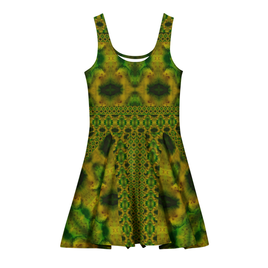 Purely Jade Light sleeveless Cotton Skater Dress with gold-green jade-light print with deep green accents, front view with scoop neckline and flared skirt